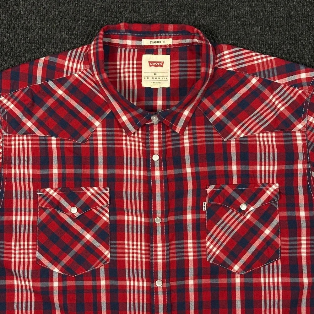 Levis Western Pearl Snap Shirt Mens XXL Red Plaid Short Sleeve Rodeo Cowboy